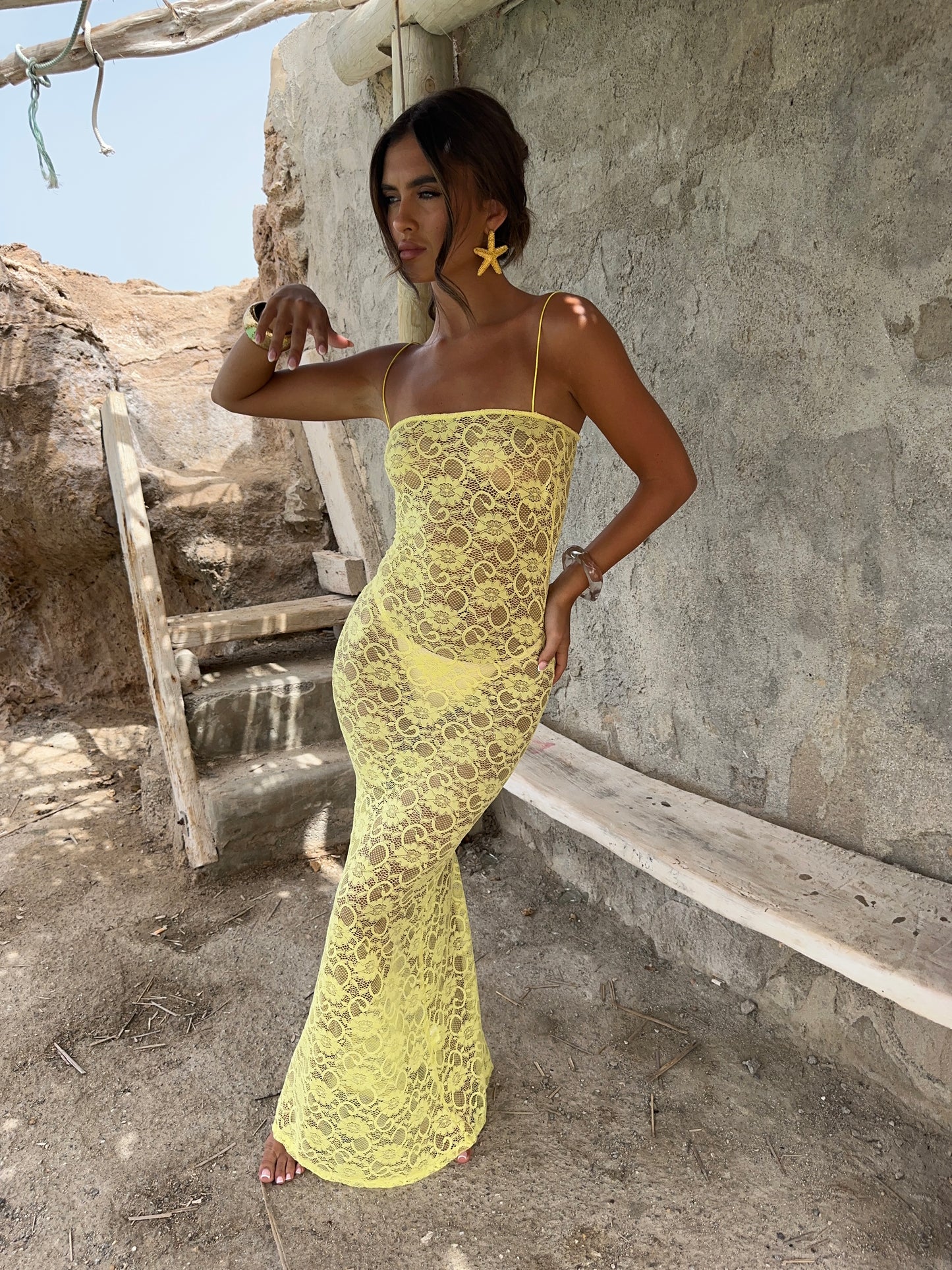 lemon and lace dress Aleena Satin And Lace Maxi Dress / Lemon | MESHKI