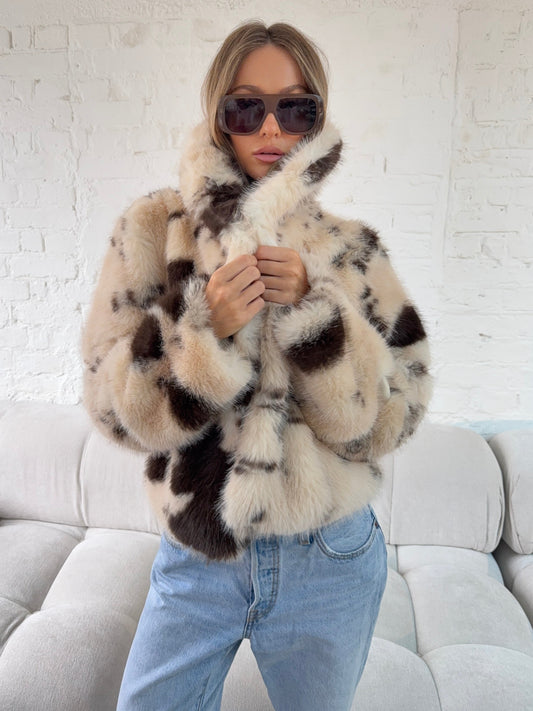 Faux Fur Jacket - Cow Print
