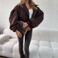 Balloon Sleeve Cropped Trench Jacket - Brown