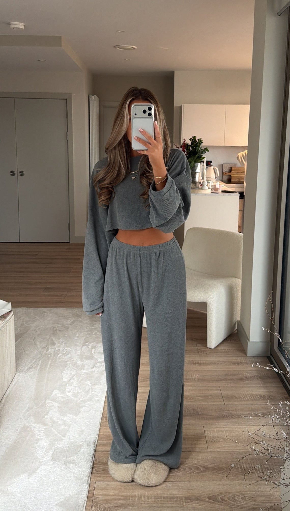 Soft Touch Ribbed Lounge Set Tracksuit - Grey