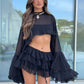 Fleur Ruffle Sleeve Frill Shorts Co-Ord - Black