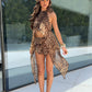 Zuri High Neck Split Top/Shorts Co-Ord - Leopard