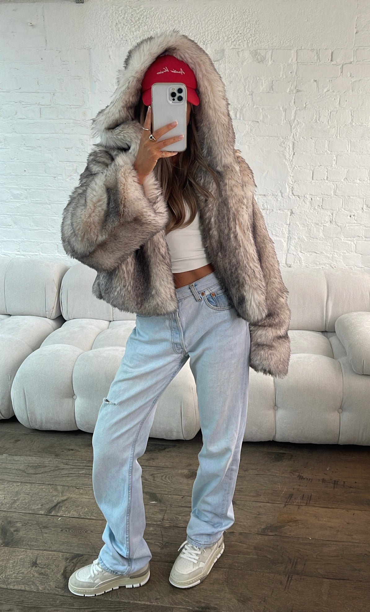 Hooded Faux Fur Jacket - Grey