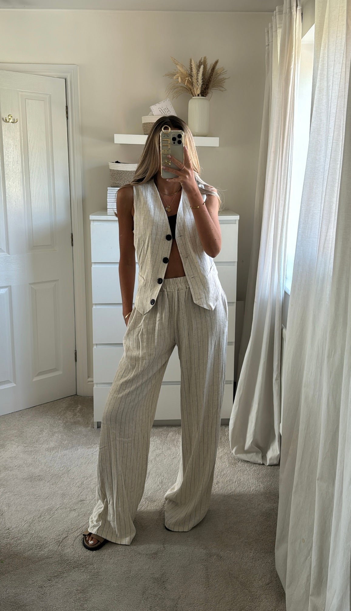 Pinstripe Trouser Suit - Oatmeal