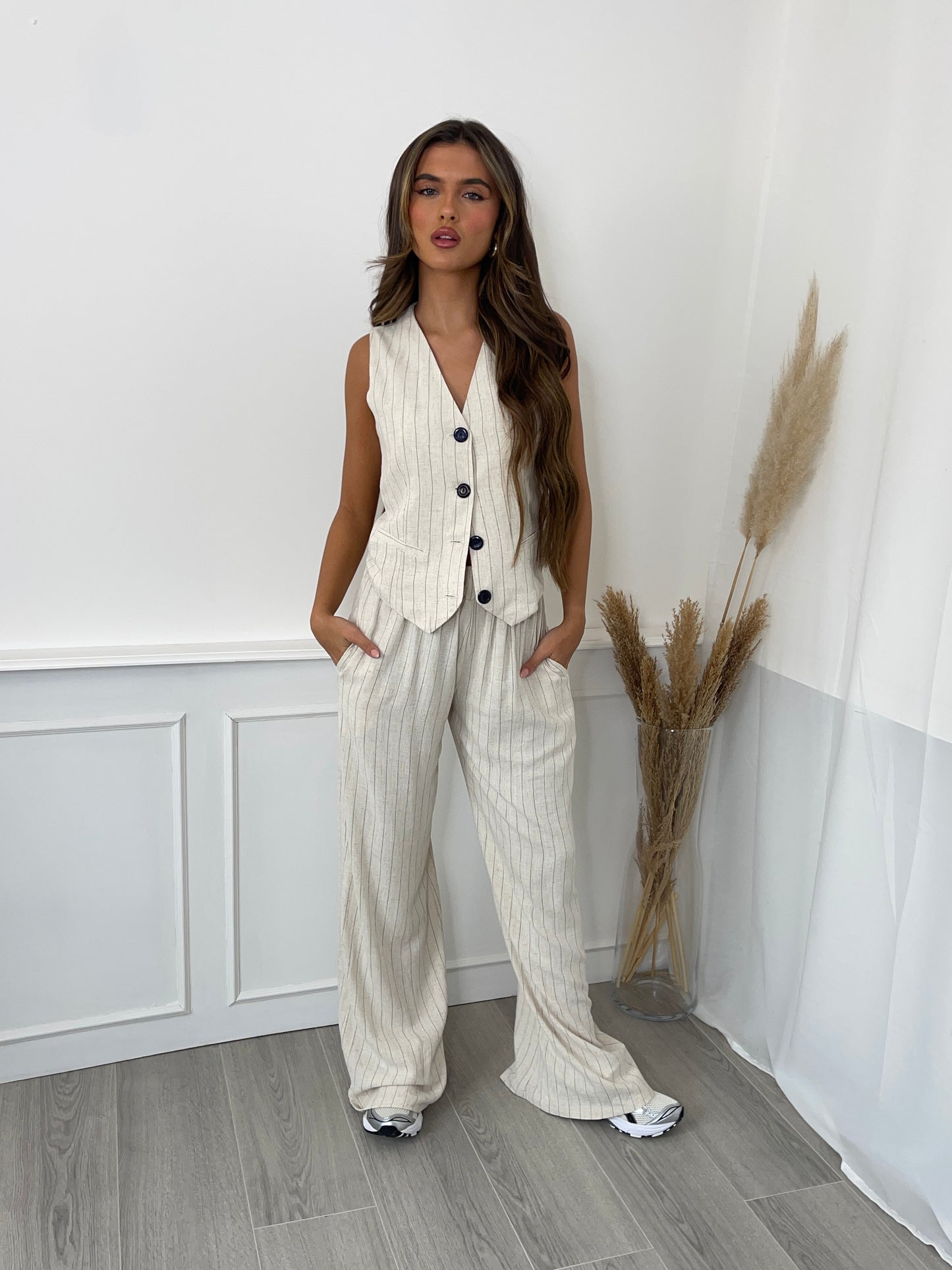 Pinstripe Trouser Suit - Oatmeal