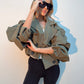 Balloon Sleeve Cropped Trench Jacket - Khaki