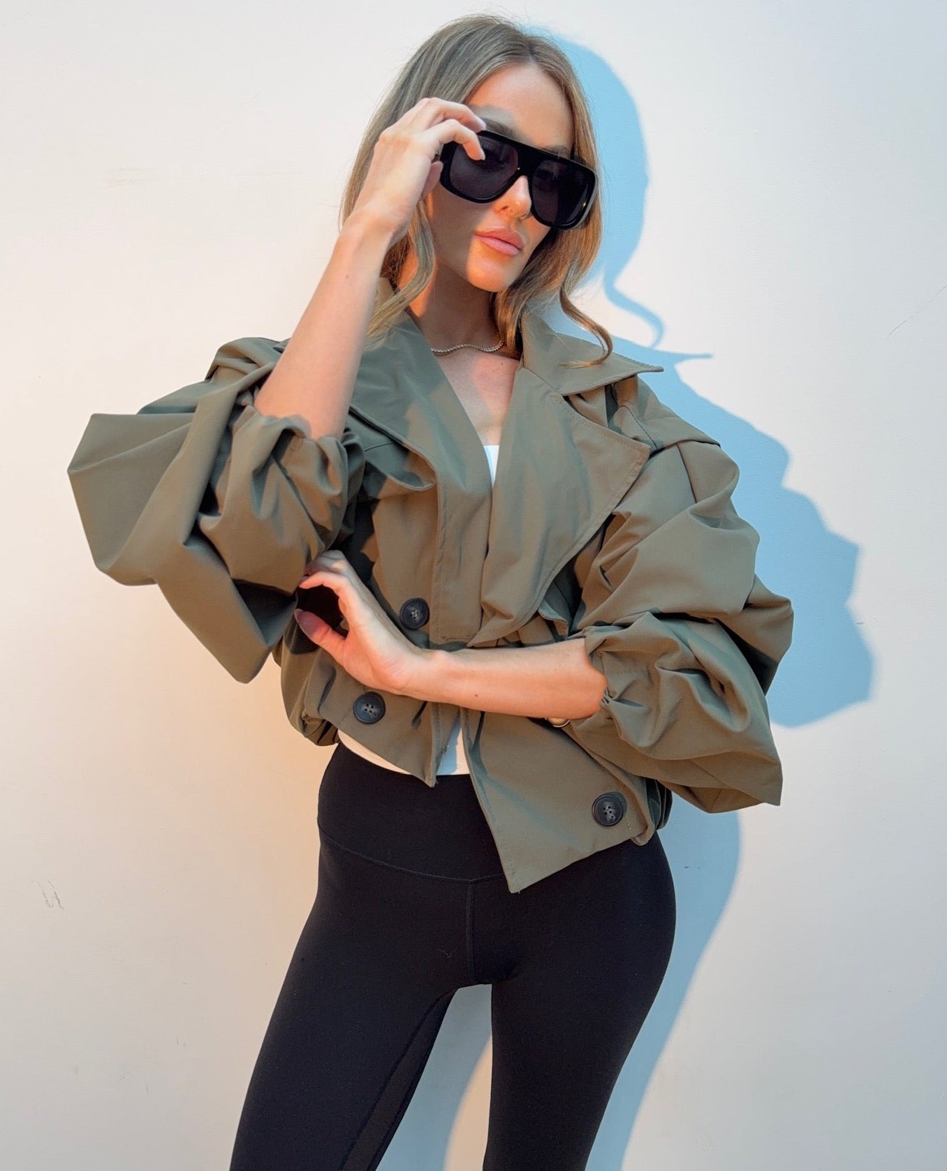 Balloon Sleeve Cropped Trench Jacket - Khaki