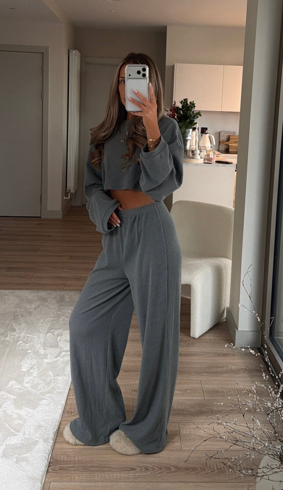Soft Touch Ribbed Lounge Set Tracksuit - Grey