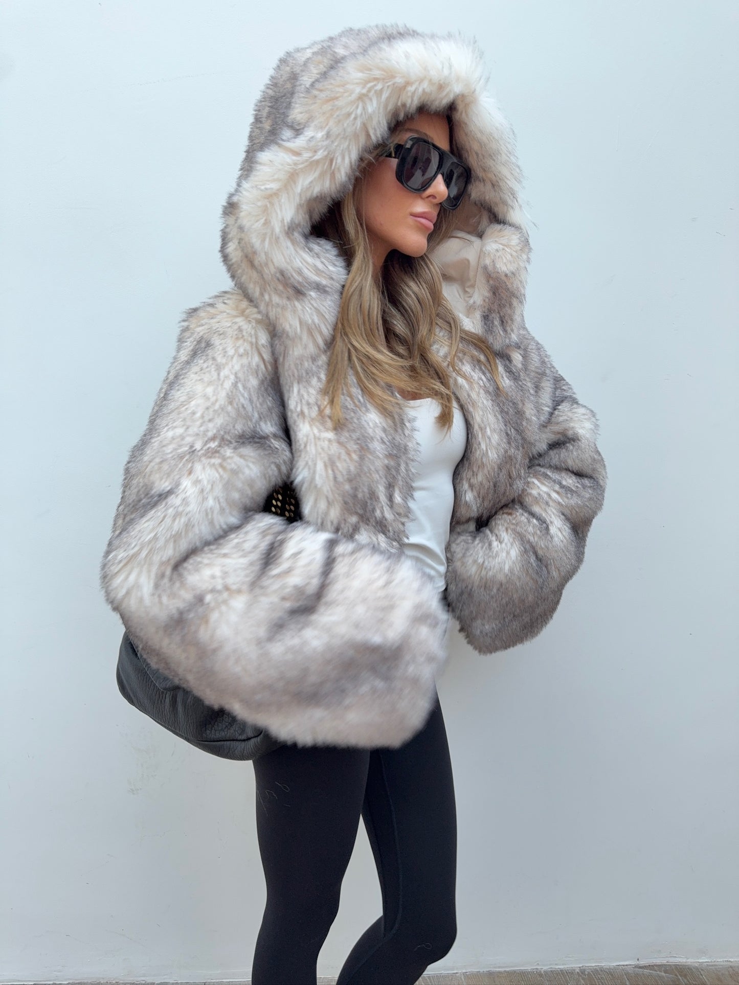 Hooded Faux Fur Jacket - Grey