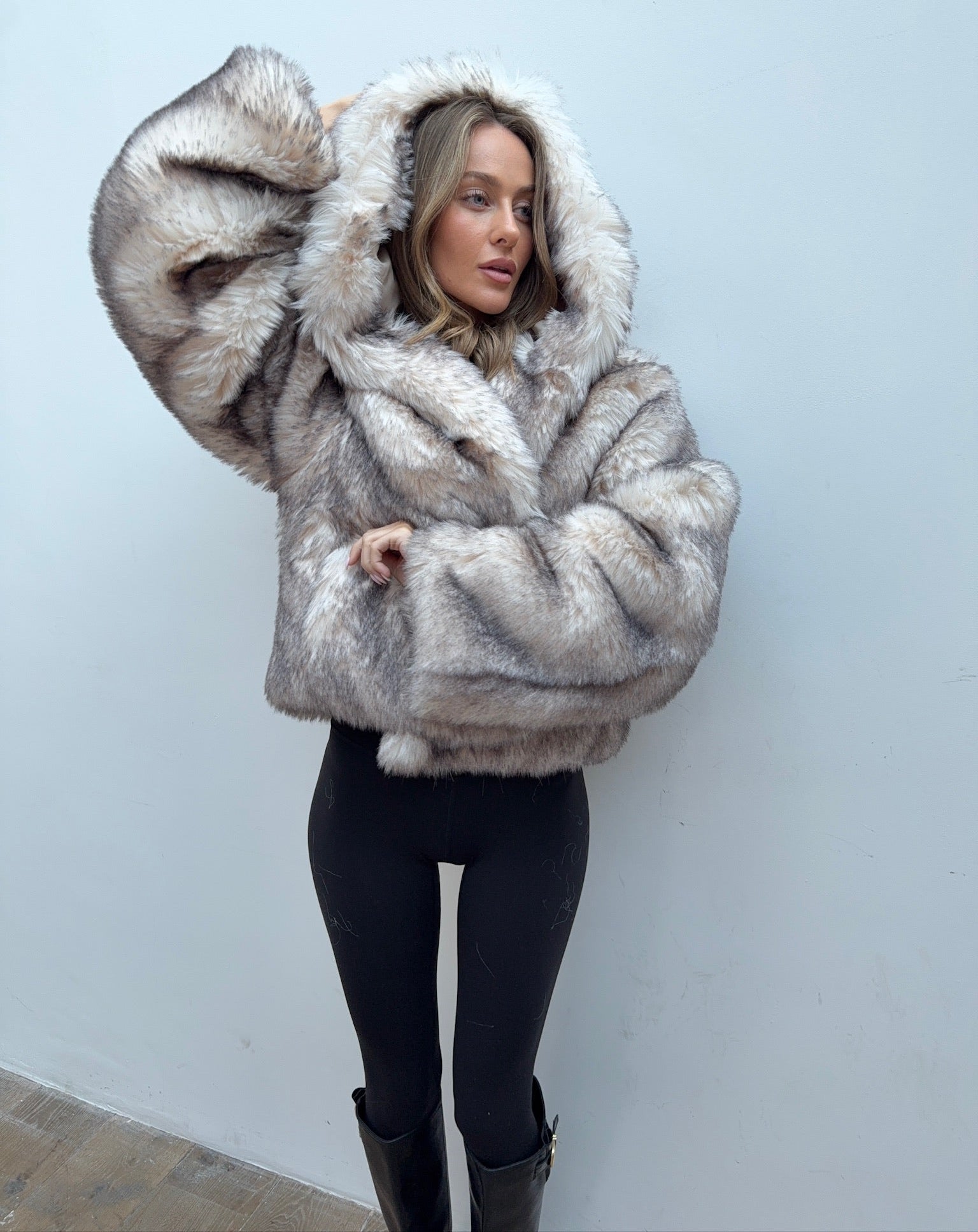 Hooded Faux Fur Jacket - Grey – Lola Rae Fashion